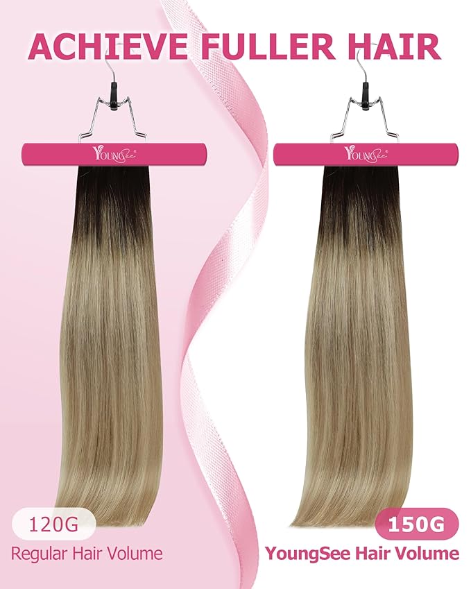 YoungSee 150G Clip in Hair Extensions Ombre Real Human Hair Extensions Clip ins Medium Brown Ombre Golden Blonde Mix Platinum Blonde Clip in Extensions Real Human Hair 7Pcs 24Inch