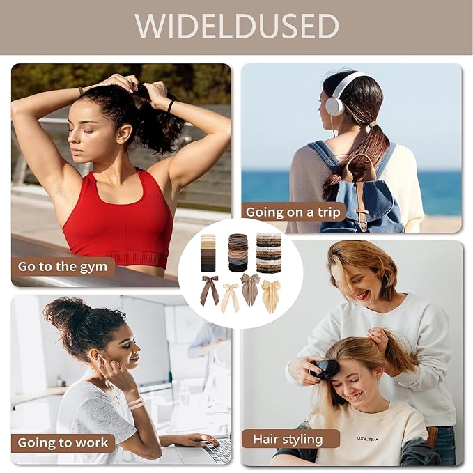 Hair Ties for women 5 styles Hair Elastics(15 No Damage Hair Ties 50 High Elastic Ties 15 Ponytail Holders 4 Bow Hair Clips 20 Snap Hair Clips) Pain-free No Crease multiple colors for all hair types