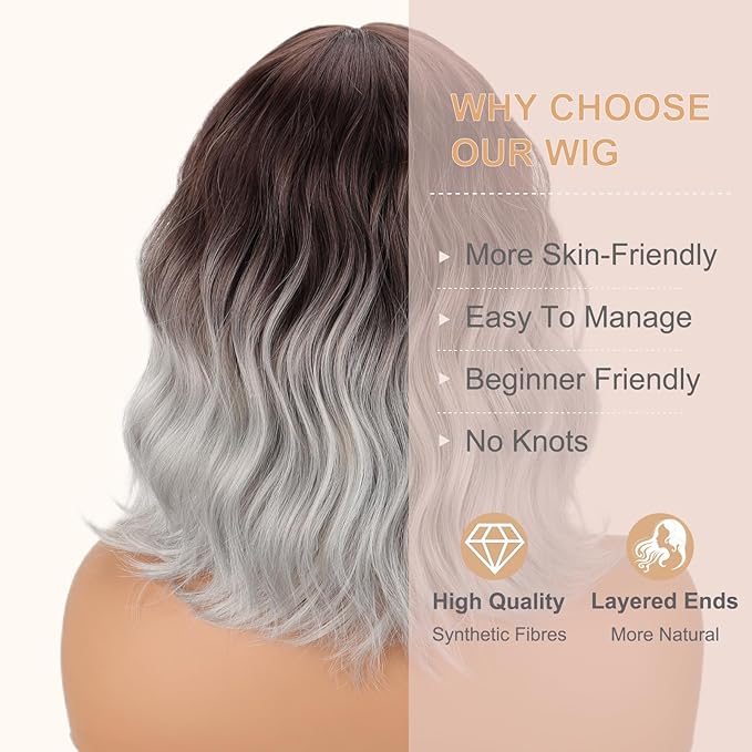 MISSQUEEN Short Ombre Silver Wigs for Women Grey Wavy Bob Wig with Bangs Medium Length Synthetic Hair Water Wave Dark Roots Wig Gray Colorful Wigs