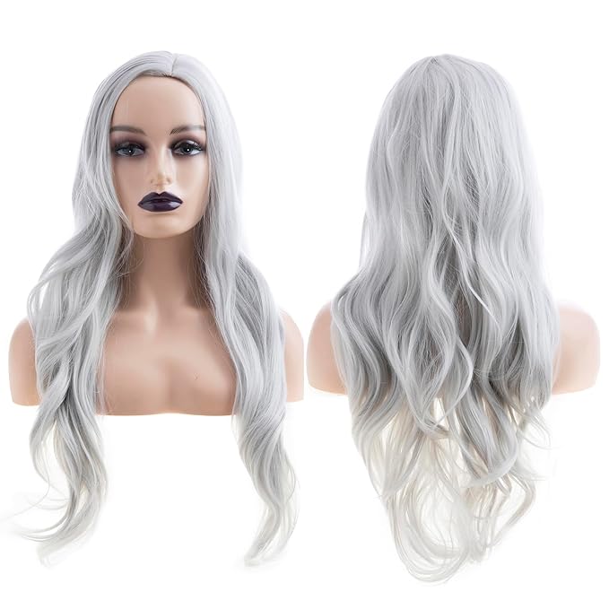 Baruisi Long Wavy Silver Grey Wigs for Women Side Part Natural Looking Cosplay Synthetic Fiber Wig Heat Resistant Replacement Wig
