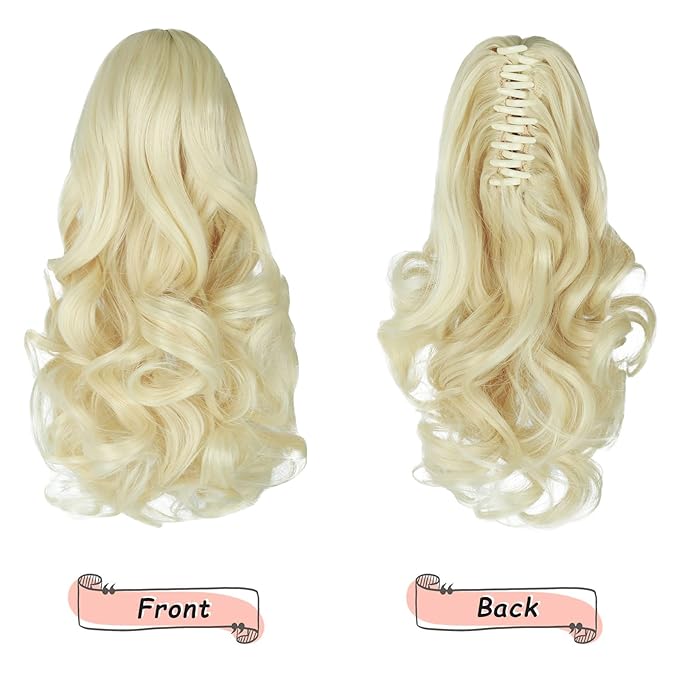 Ponytail Extension, Clip on Ponytails for Women, 12" Claw Clip in Short Curly Wavy Pony Hair Extension for Women - Bleach Blonde