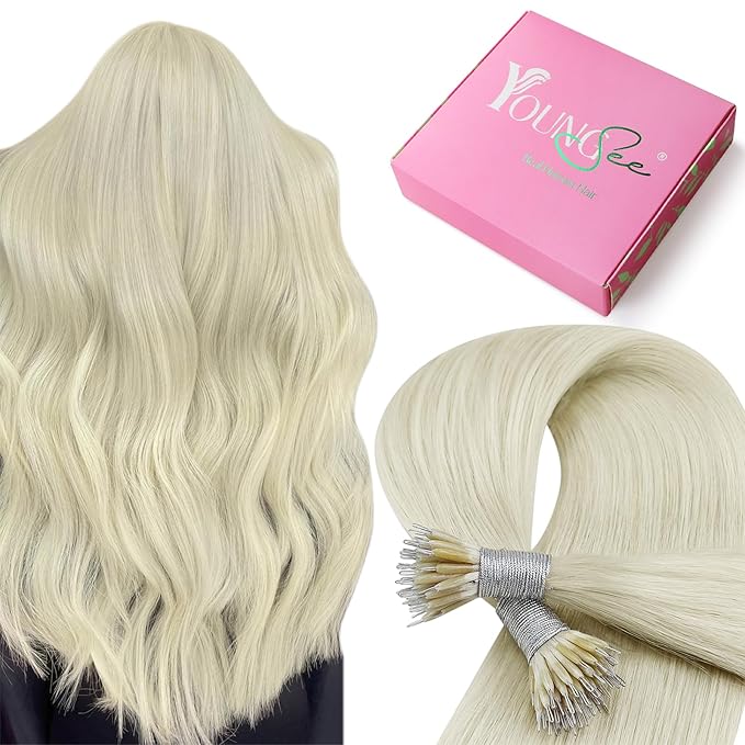 YoungSee Platinum Blonde Nano Beads Hair Extensions Human Hair 16inch Nano Ring Hair Extensions Real Human Hair White Blonde Nano-Link Extension for Weddings and Special Occasions 50s 50g