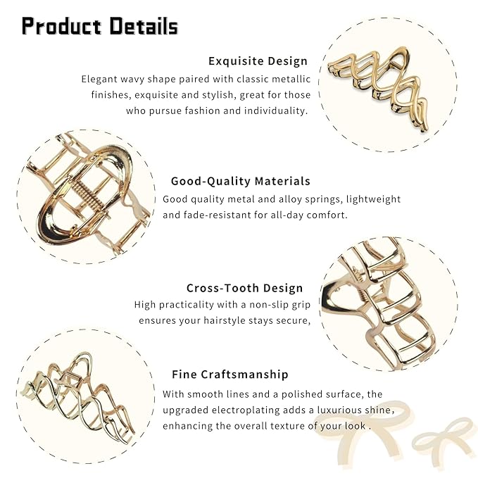 Wave Hair Claw Clip Wavy Metal Hair Clips Large Gold Hair Claws Barrettes Strong Hold Nonslip Hair Jaw Clips for Thin Thick Hair Stylish Hair Accessories for Women Girls
