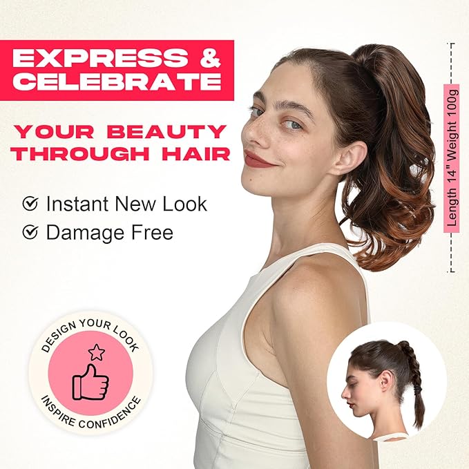 Ponytail Extension - 14" Claw Clip in Ponytail Hair Extensions Natural Soft Synthetic Layered Wavy Pony Tail Hair Pieces for Women - Dark Blonde with Highlights