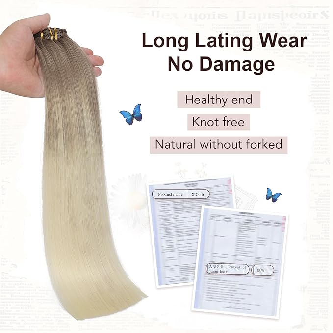 XDhair Hair Extensions Clip in Human Hair 120g 20 Inch Ash Brown to Platinum Blonde Human Hair Clip in Extensions Double Weft 6pcs for Women(20, #8T60)