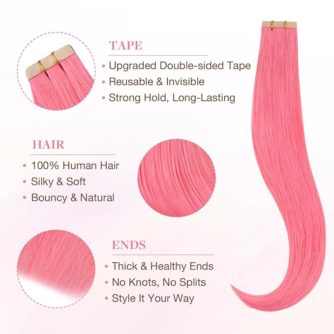 GOO GOO Tape in Hair Extensions Human Hair, Light Pink, 14inch 25g 10pcs, Colored Tape ins Human Hair Extensions, Silky&Soft Invisible Tape Ins, Hair Highlighted for Party