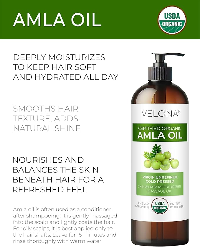 velona Amla Oil USDA Certified Organic - 8 Fl Oz | 100% Pure and Natural Carrier Oil | Extra Virgin, Unrefined, Cold Pressed