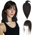 Hairro Mono Hair Toppers with Bangs, 3.4" x 3.4" Mono Base 100% Real Human Hairpieces for Women, 150% Density Clips In Topper for Greyish Thinning Hair, 12 Inch Natural Black