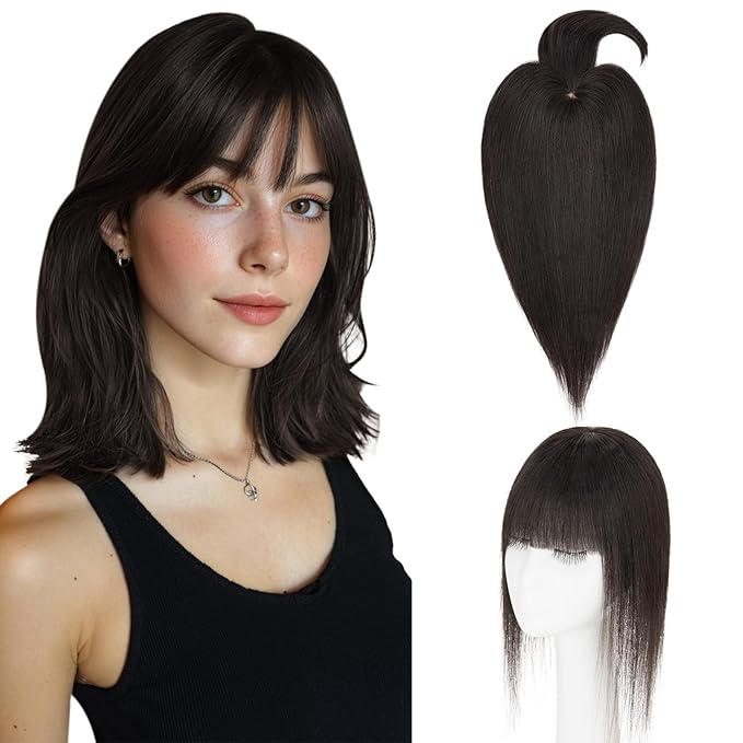 Hairro Mono Hair Toppers with Bangs, 3.4" x 3.4" Mono Base 100% Real Human Hairpieces for Women, 150% Density Clips In Topper for Greyish Thinning Hair, 14 Inch Natural Black