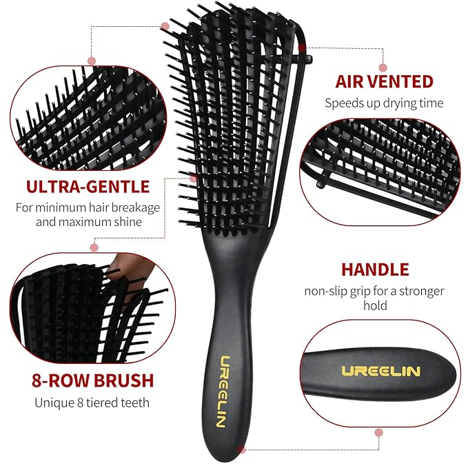 hair Brush Set for Afro America/African Hair, Textured 3a to 4c -Detangler Brush,9 row hair brush,Wide Tooth Comb,Rat Tail Comb (Black)