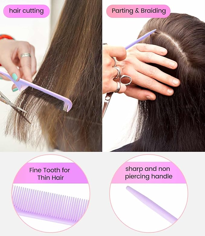 6PCS Professional Hair Comb Set for Women & Men Rat Tail, Wide & Fine Tooth Combs for Curly Hair, Braiding, Barber Styling, Cutting & Parting (Purple)