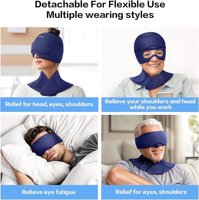 Migraine Relief Cap and Neck Ice Pack Wrap with Ice Eye Masks,3 in 1 Detachable Hot and Cold Therapy Headache Relief Cap for Headaches, Stiff Neck,Eye Fatigue, Tension and Pain Blue