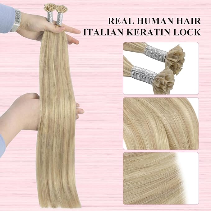 YoungSee U Tip Hair Extensions Human Hair Blonde Utip Hair Extensions Highlight Ash Blonde with Bleach Blond Keratin Hair Extension Real Human Hair Highlight K Tips Hair Extension 24In 1G/S 50G