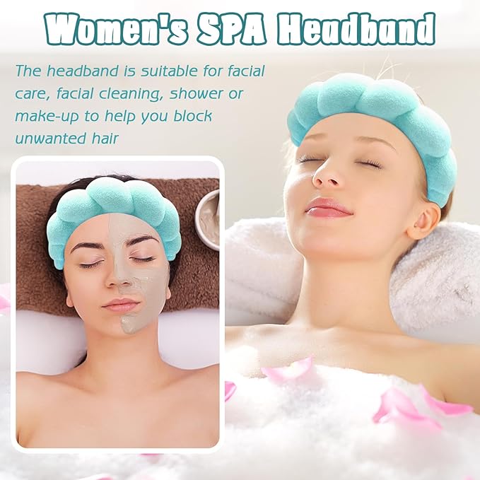 Zkptops Spa Headband for Washing Face Wristband Set Sponge Makeup Skincare Headband Terry Cloth Bubble Soft Get Ready Hairband for Women Puffy Padded Headwear Non Slip Thick Hair Accessory(Turquoise)