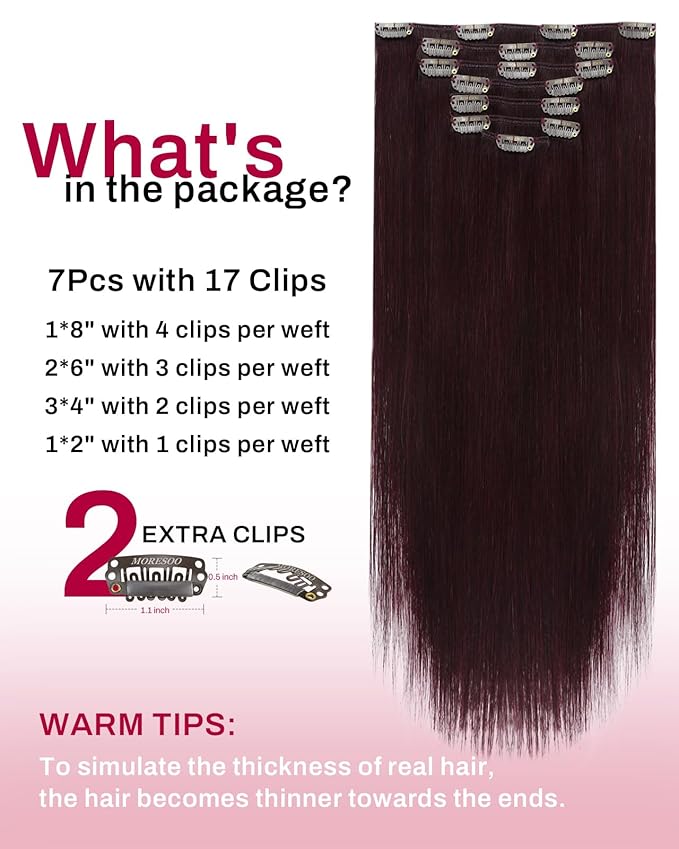 Moresoo Burgundy Clip in Hair Extensions Red Wine Real Hair Extensions Clip in Human Hair Double Weft Long Straight Wine Red #99J 7Pcs 120G 22inch