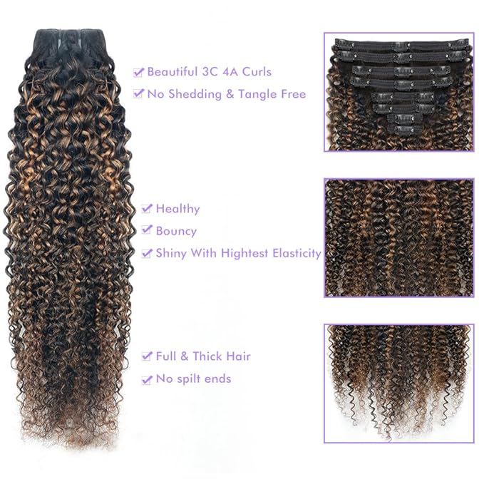 FB30 Highlight Ombre Curly Clip In Extension Human Hair 3C 4A Kinky Curly Clip Ins Full Head for Black Women Brazilian Remy Human Hair Balayage Brown 8Pcs with18clips 120g/Set (22 inch)