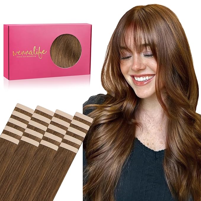 WENNALIFE Tape in Hair Extensions Human Hair, 20pcs 50g 20 inch Light Auburn Brown Remy Hair Extensions Straight Human Hair Tape in Extensions Skin Weft Tape Extensions Human Hair