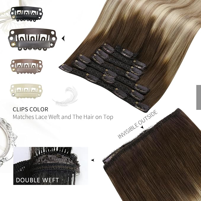 Moresoo Balayage Clip in Hair Extensions Remy Double Weft Hair Extensions Clip in Human Hair Ombre Brown to Light Brown with Golden Blonde 7Pcs 120G 22inch