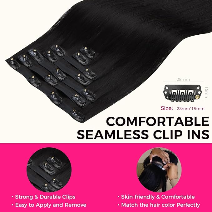 Lashey Yaki Straight Clip in Hair Extensions Real Human Hair #1 Jet Black Seamless Clip in Hair Extension Human Hair 7Pcs 110g 20 Inch PU Weft Natural Hair for Women