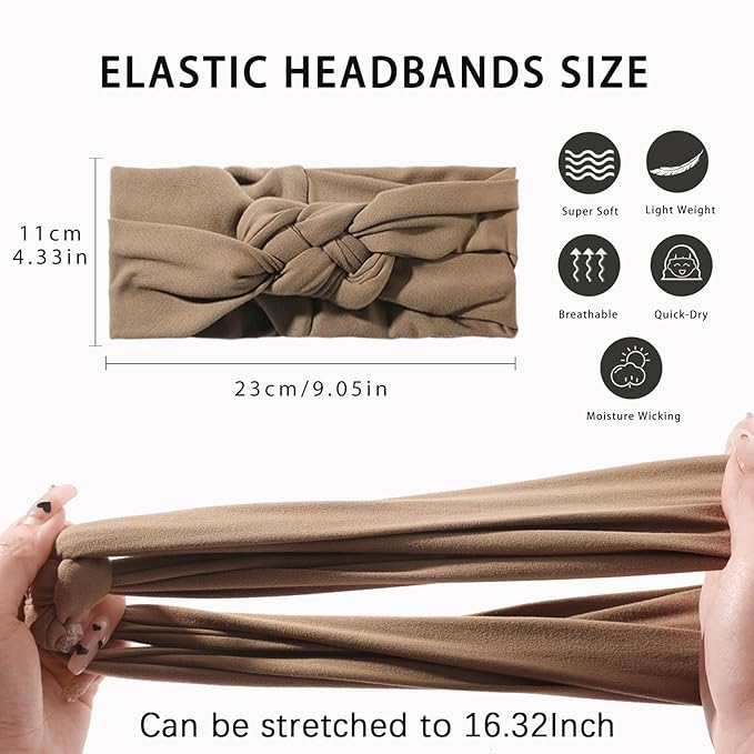 Vercret Headbands for Women Sailor Knot Headband Wide Elastic Adjustable Double Braided Hair Bands Non Slip for Girls Boho Stretchy Turban Headwrap Yoga Workout,Solid Color, 6Pcs