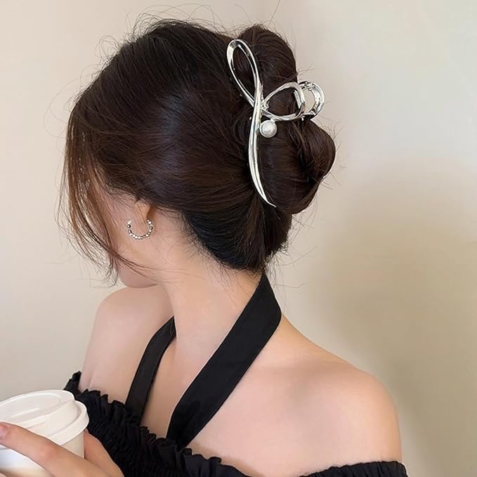 Metal Bow Hair Claw Clips Large Bow Hair Clips Silver Bowknot Jaw Clip for Thin Thick Hair Strong Hold Nonslip Stylish Hair Accessories for Women Girls