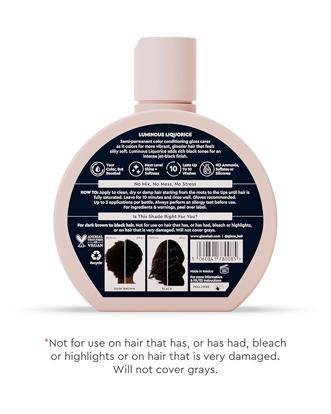 Glaze Supergloss Color Conditioning Gloss With Dispensing Pump – Hydrating Semi-Permanent Color Hair Gloss & Shine Boost – For Dark Brown Hair to Black Hair – 6.4 Fl Oz - Luminous Licorice