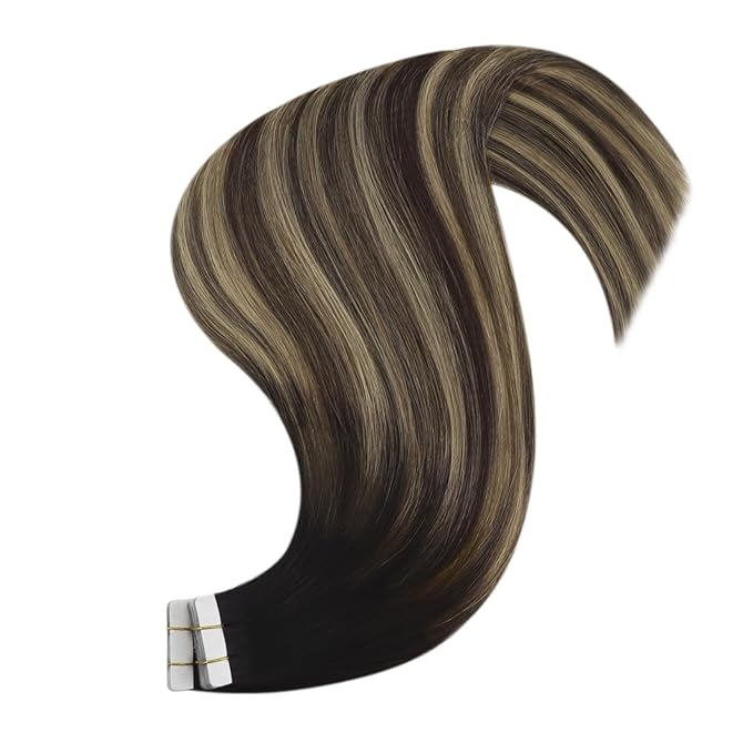 YoungSee Human Hair Tape in Extensions Black Balayage Tape in Hair Extensions Human Hair Black Ombre Brown with Caramel Blonde Tape-in Extension Ombre Hair Extension Tape-in 16 Inch 20pcs 50g