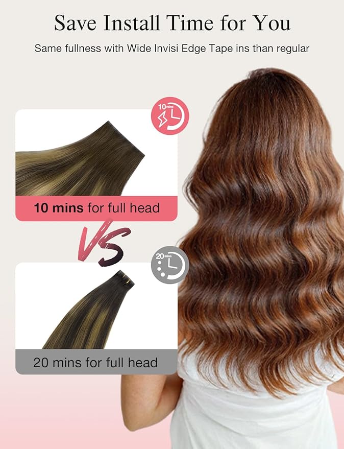 DOORES Invisi Edge Tape in Wide Hair Extensions Human Hair, Chocolate Brown to Caramel Blonde 4PCS Injection Tape ins 20g 16 Inch, Virgin Human 3 Inch Wide Injected Extensions Invisible