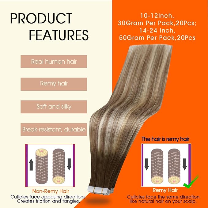 Full Shine Balayage Tape in Hair Extensions Human Hair Color 3/8/22 Darker Brown to Ash Brown Highlights Blonde Hair Extensions Tape ins 50G Seamless Natural Skin Weft Human Hair 20Pcs 22Inch