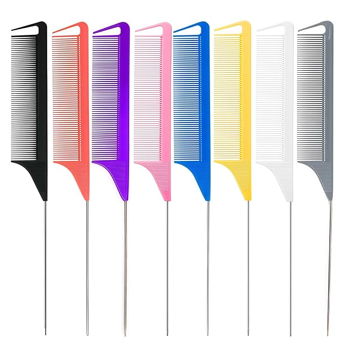 8 Pack Rat Tail Combs Set Stainless Steel Pintail Comb, Professional Rat Tail Combs for Styling, Sectioning & Hair Coloring for Salon & Home Use