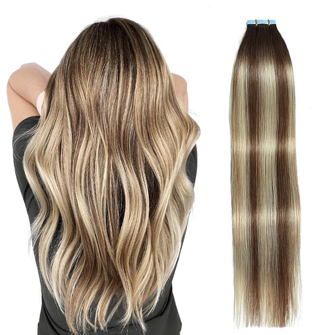 SUYYA Tape in Hair Extensions Human Hair Balayage Chocolate Brown to Bleach Blonde and Chestnut Brown 40g/pack 20pcs Straight Seamless Skin Weft Tape in Real Human Hair Extensions(16inch #P6/613/T4)