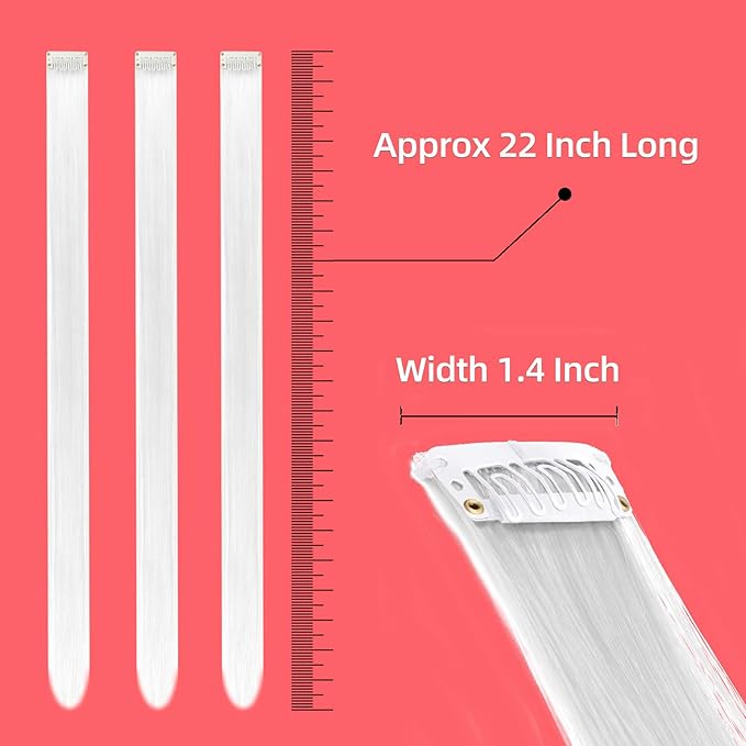 White Hair Extensions Clip in, 22 Inch 10 Pcs Long Straight Colored, for Kids Girls Women Highlights Party, Synthetic