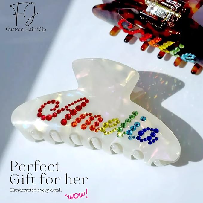 Personalized Colorful Name Hair Claw Clips for Women,Custom Hair Clips with Diamond,Cute Hair Accessories 4",Handmade Rhinestones Hair Clamp Gifts for Mom,Bride,Wife,Bridesmaid,Couples(Shell White)