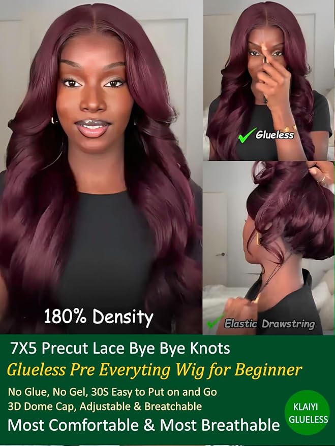 KLAIYI Black Cherry Loose Body Wave Bye Bye Knots Glueless Wig 7x5Precut Lace Front Wigs Human Hair Drawstring Pre Plucked Bleached 30S Ready to Wear and Go Wig with Face Framing Bangs Burgundy 18Inch