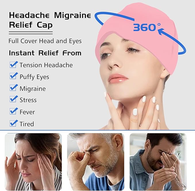 Headache Relief Hat for Migraine Relief, Tension, One Size Fits All Headache Cap with Reusable Ice Gel Pack for Puffy Eyes, Stress Relief (Pink)