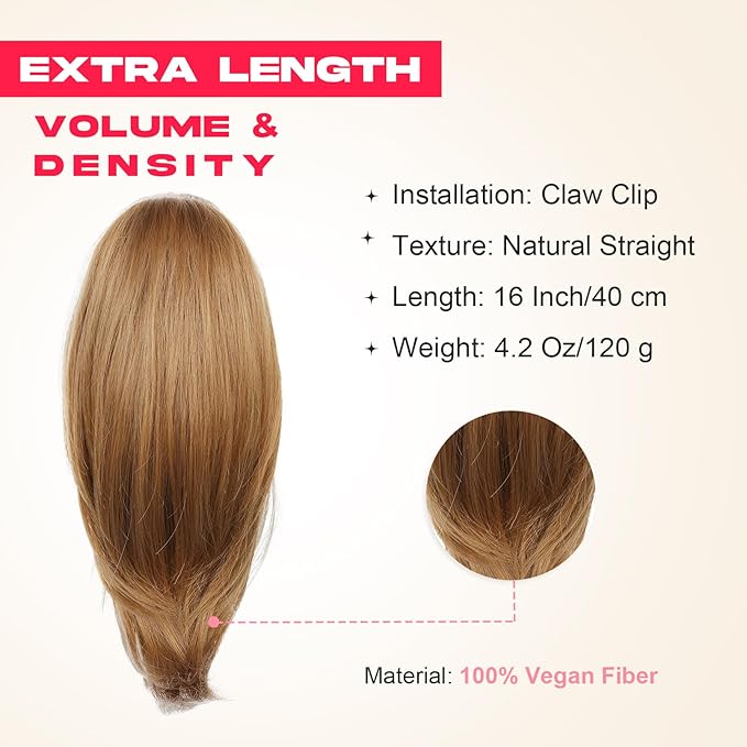 Ponytail Extension – 16” Claw Clip in Ponytail Hair Extensions Natural Soft Synthetic High Pony Tail Hairpieces for Women (Strawberry Blonde, 16 inch)