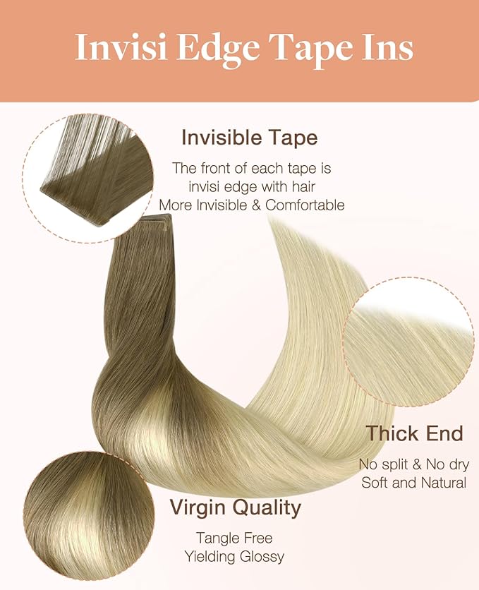 GOO GOO Invisi Edge Tape in Hair Extensions Human Hair, 9/60 Balayage Ash Brown to Platinum Blonde, 20pcs 22inch 50g, Virgin Remy Hair, Seamless Injected Tape, Natural Look