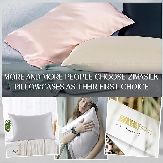 ZIMASILK 100% Pure Mulberry Silk Pillowcase for Hair and Skin Health,Soft and Smooth,Both Sides Premium Grade 6A Silk,600 Thread Count,with Hidden Zipper,1pc(Standard 20''x26'',Light Grey)