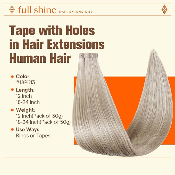 Full Shine Tape ins Human Hair Extensions 20PCS 18 Ash Blonde 613 Highlight Blonde 50G 22INCH Tape in Extensions Tape in with Holes No Glue No Clips for Daily Wear PU Hair Extension