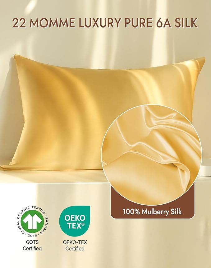 SilkSilky 100% Mulberry Silk Pillowcase - Pure 22 Momme High-Grade 6A Fibers for Hair & Skin, Envelope Closure, Natural, Organic, Breathable & Cooling Pillow Case (King, Champagne)