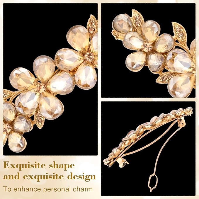 Joez Wonderful Rhinestone Hair Clips, Bridal Hair Accessories for Women, Sparkly Crystal Hair Pins, Fancy Hair Barrettes for Wedding, Bride, Long Hair (Champagne Flower, 1 Pcs)