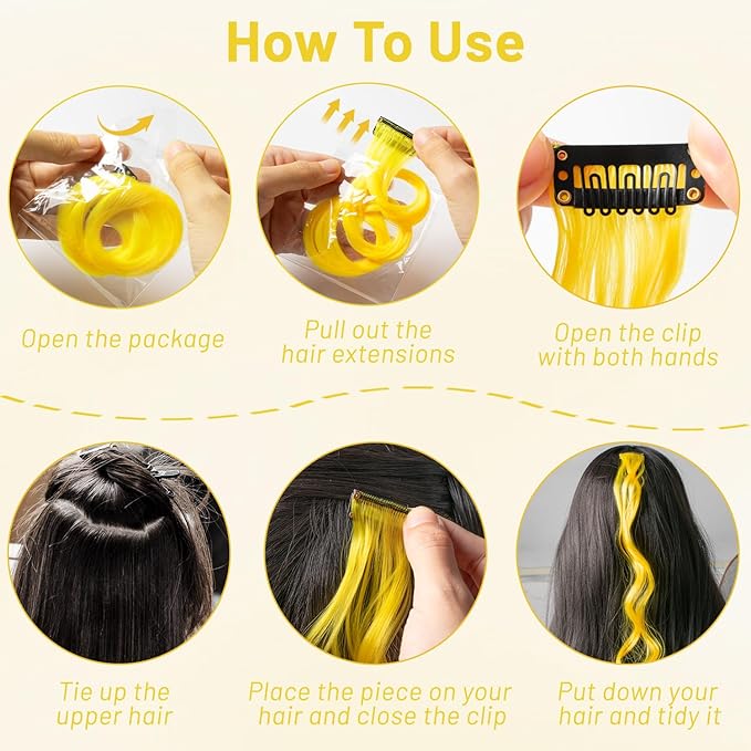 16 Pcs Colored Hair Extensions Curly Wavy Clip in Synthetic Hair Extensions,Colorful Party Highlights Hairpiece Streak for Girls Women Kids Christmas New Year Cosplay Party Gift(Yellow)