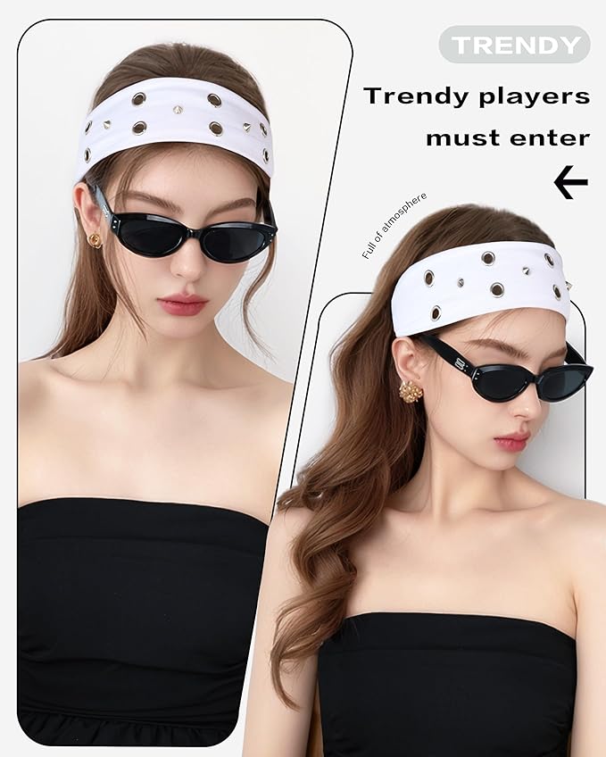 Grommet Headband for Women, White Triangle Studs 23cm Hollow Out Elastic Hair Band, Eyelets Punk Grunge Stylish Hairband