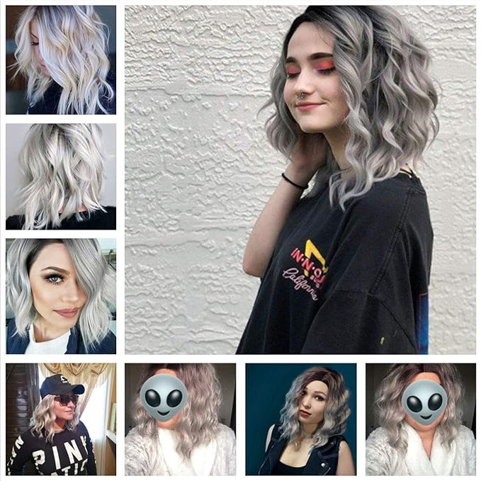 FAELBATY 14" Short Curly Bob Grey Wigs Shoulder Length Side Part Women's Short Wig for Girl Halloween Costume Cosplay Wigs Ombre Purple Grey Color