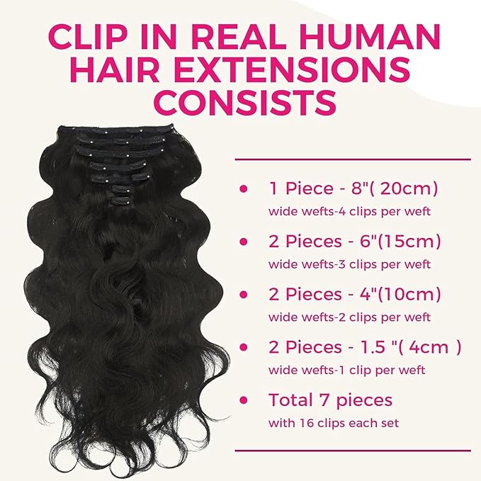 Lashey Clip in Hair Extensions 7pcs 120g Body Wave Remy Human Hair Extensions for Women 16 Inch Natural Black Hair Extensions with Lace Weft