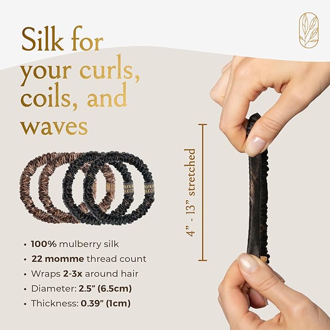Mulberry Silk Skinny Hair Match Scrunchies for Women, Anti-Breakage Hair Ties for Curly, Thick & Thin Hair, 100% Silk, Satin Hair Scrunchies for Buns & Ponytails, Brown/Medium/Deep Brunette, 4-Pack