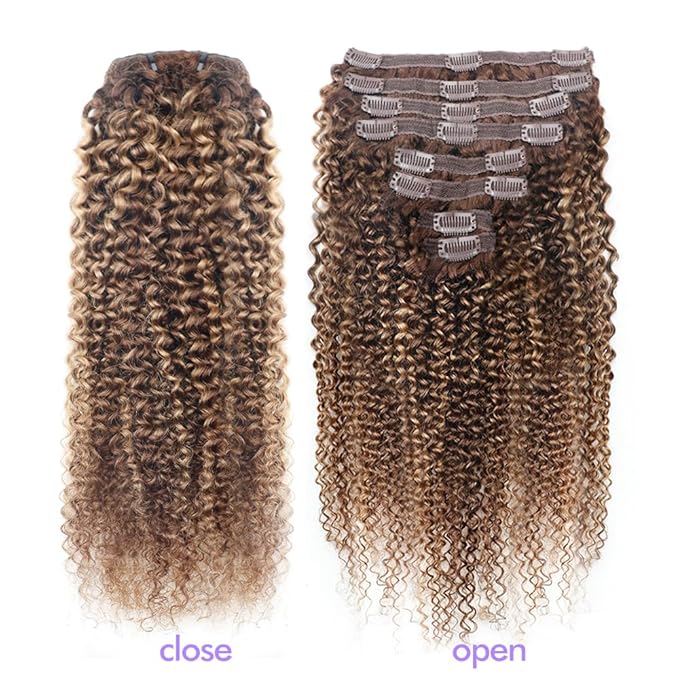 Curly Clip In Hair Extensions Real Human Hair Clip Ins Balayage Chocolate Brown to Caramel Blonde Human Hair Extensions 8Pcs with18clips 120g/Set (24 inch，#4/27/4)