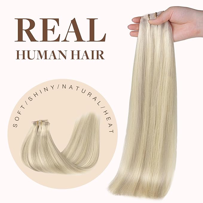 GOO GOO Clip in Hair Extensions Real Human Hair, Remy Human Hair Extensions Clip ins for Women, Natural Human Hair, 14inch 130g 9Pcs, 17A/60A Ash Blonde Highlighted Platinum Blonde