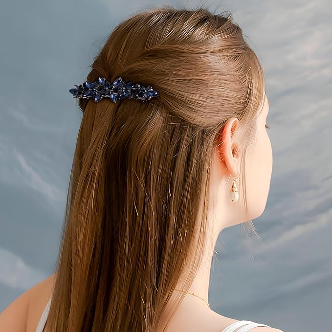 Joez Wonderful Rhinestone Hair Clip Sparkly Crystal Barrettes French Wedding Prom Engagement Pageant First Communion Hair Decorative Accessories for Women Bride Thick Long Hair (Blue, 1 Pcs)
