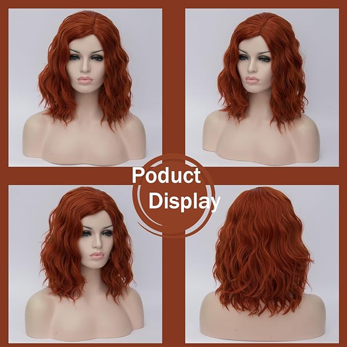 BUFASHION 14" Women Short Orange Red Kinky Straight Cosplay Synthetic Wigs With Air Bangs 46 Colors Available (Orange Red)